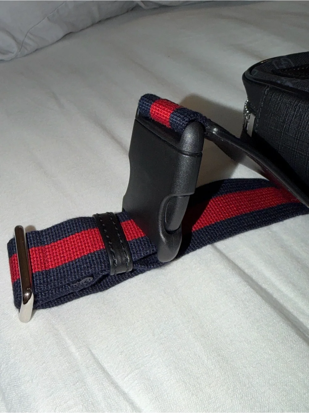 Gucci Black GG Supreme Belt Bag with Red and Navy Web Strap